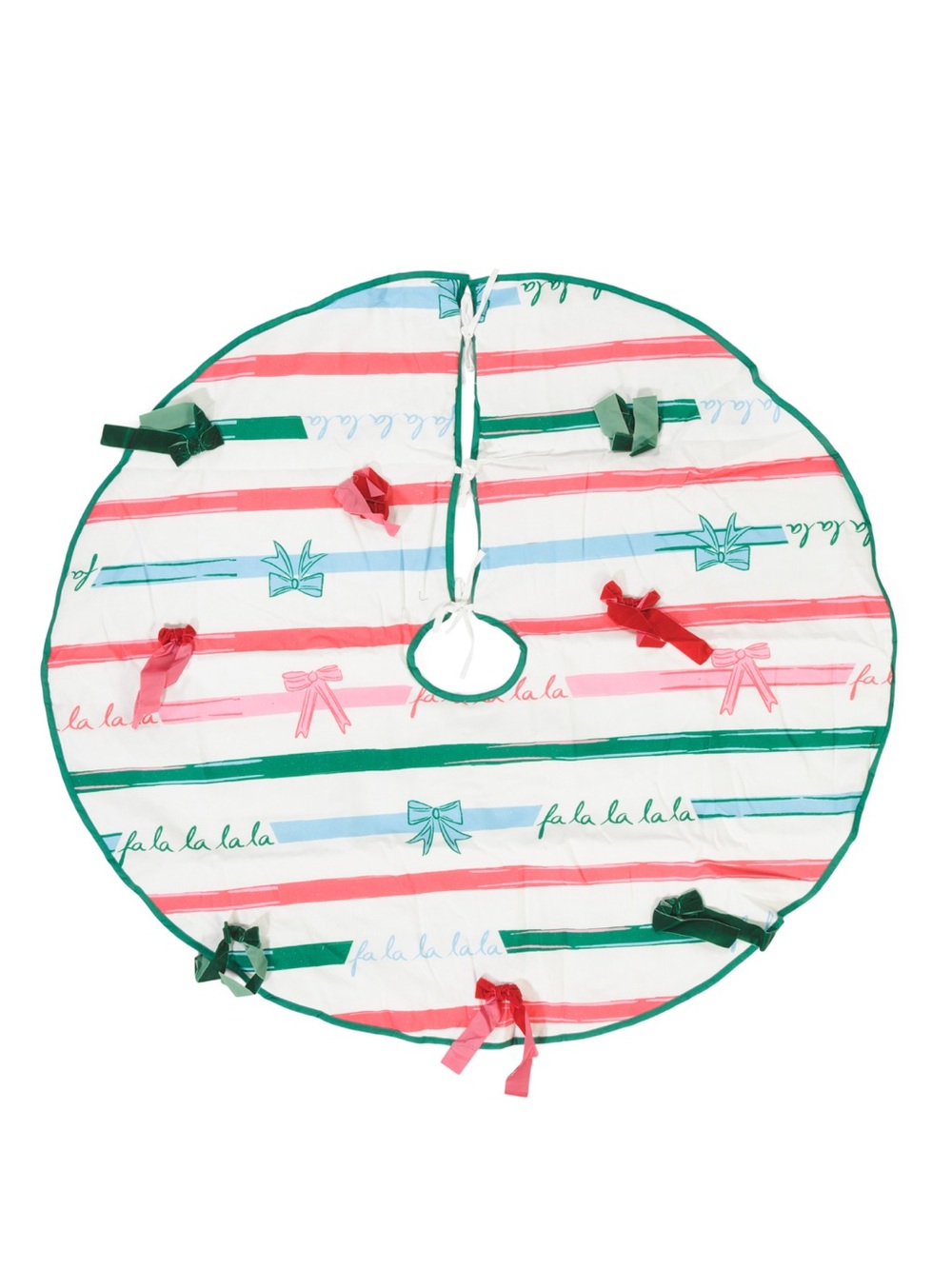 Striped Holiday Tree Skirt with Bows in Red, Green, Blue